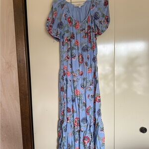 LOFT Blue Red Puff Sleeve Maxi Sundress